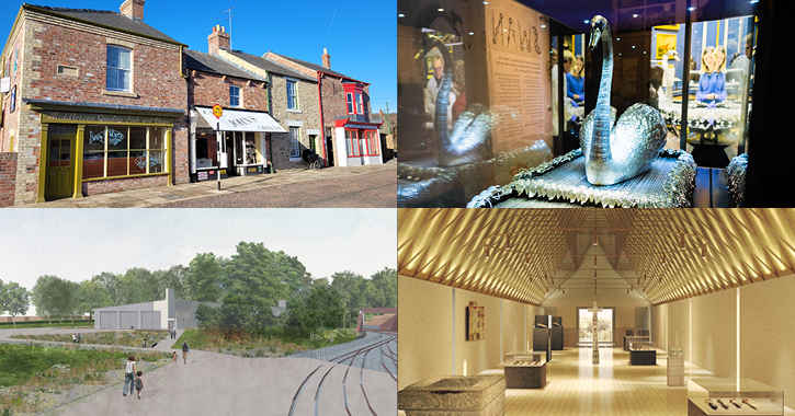College of images: Front street terrace at Beamish Museum, The Silver Swan at The Bowes Museum, New Collections Hall at Locomotion and inside view of The Faith Museum.