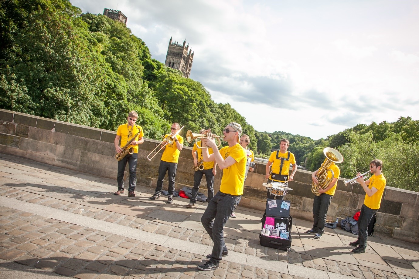 BRASS Trumpet players in front of Durham Cathedral