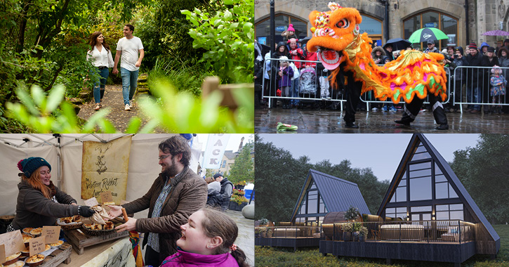 couple walking through Botanic Garden, Lunar New Year celebrations dragon dance, family buying food at Bishop Auckland Food Festival and Triangle treehouses at Ramside Hall