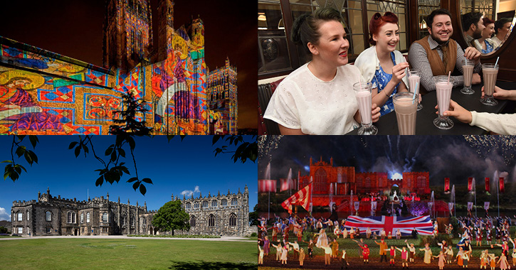Crown of Light at Durham Cathedral, people drinking milkshakes at beamish museum, auckland castle and Kynren finale with performers and fireworks 
