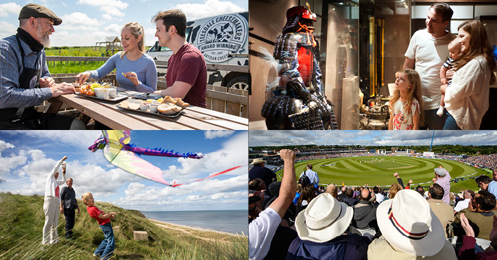 couple eating cheese with Teesdale Cheesemaker, family in Oriental Museum, family flying kite at Durham Coast and fans watching Durham cricket