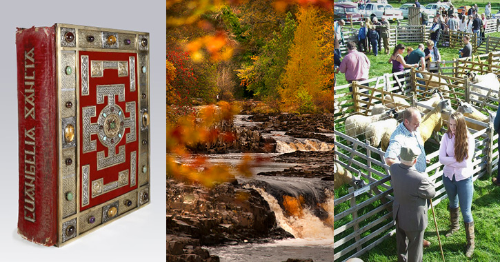 Lindisfarne Gospels, Low Force Waterfall during Autumn, and Wolsingham Show