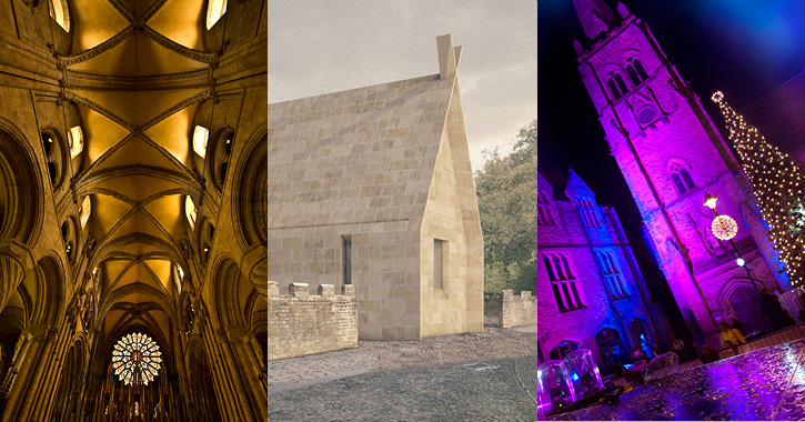 inside Durham Cathedral, Graphic of The Faith Museum, Bishop Auckland and Durham City Christmas Festival market place 