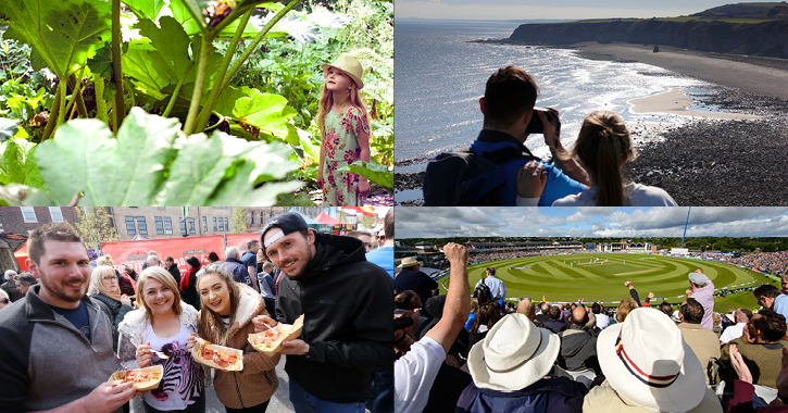 college of images - little girl at Durham Botanic Garden, couple admiring view of Durham Coast, group of friends at Bishop Auckland Food Festival and crowd watching Durham Cricket Club.