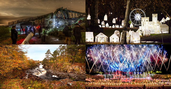 College of images - dark sky stargazing event, Lumiere Durham art installation, autumn at Low Force Waterfall and view of Kynren performance 