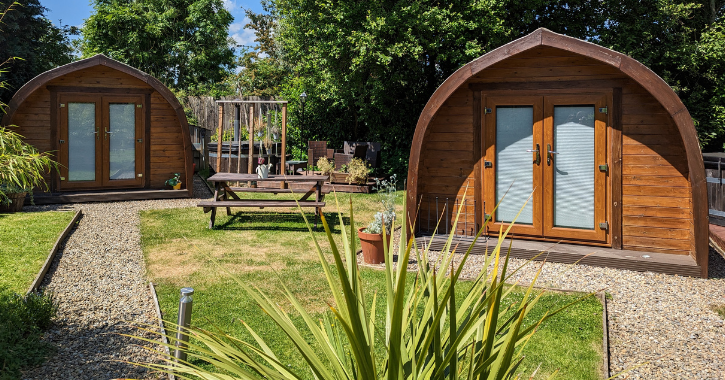 Exterior of camping pods at The Gables Pod Camping in Escomb, Durham