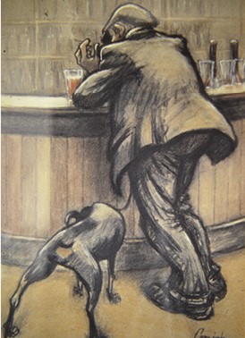 Man with dog at Bar by Norman Cornish