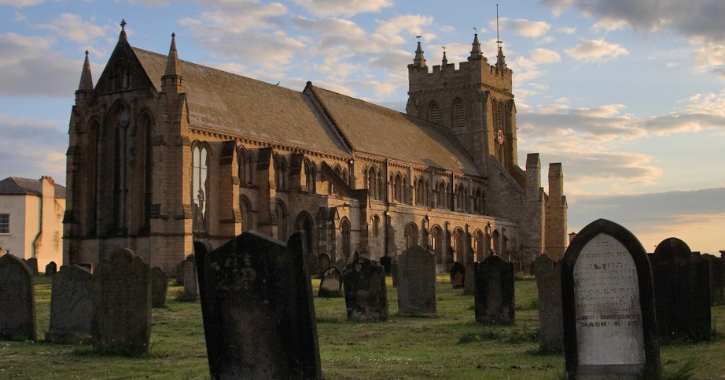 External view of St Hilda's Church and graveyard in Hartlepool