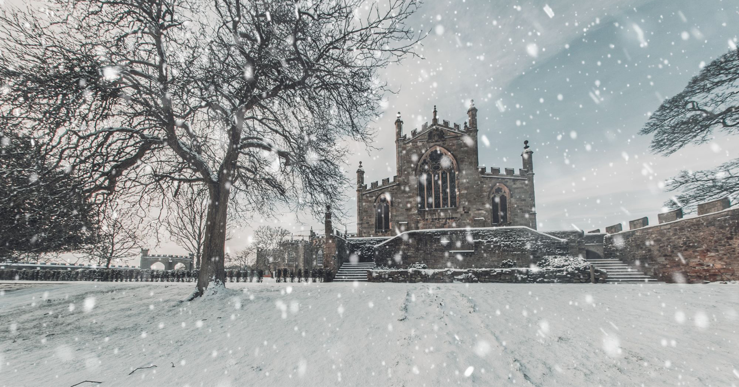 view of Auckland Castle covered in snow