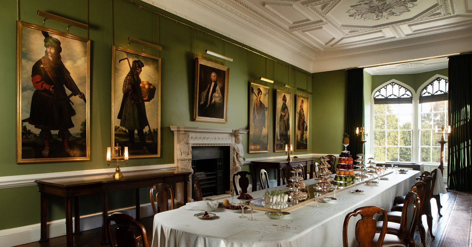 view of the long dining room inside Auckland Castle with Spanish master Francisco de Zurbarán's artwork on the wall