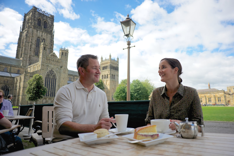 People having afternoon tea outside of Durham Cathedral