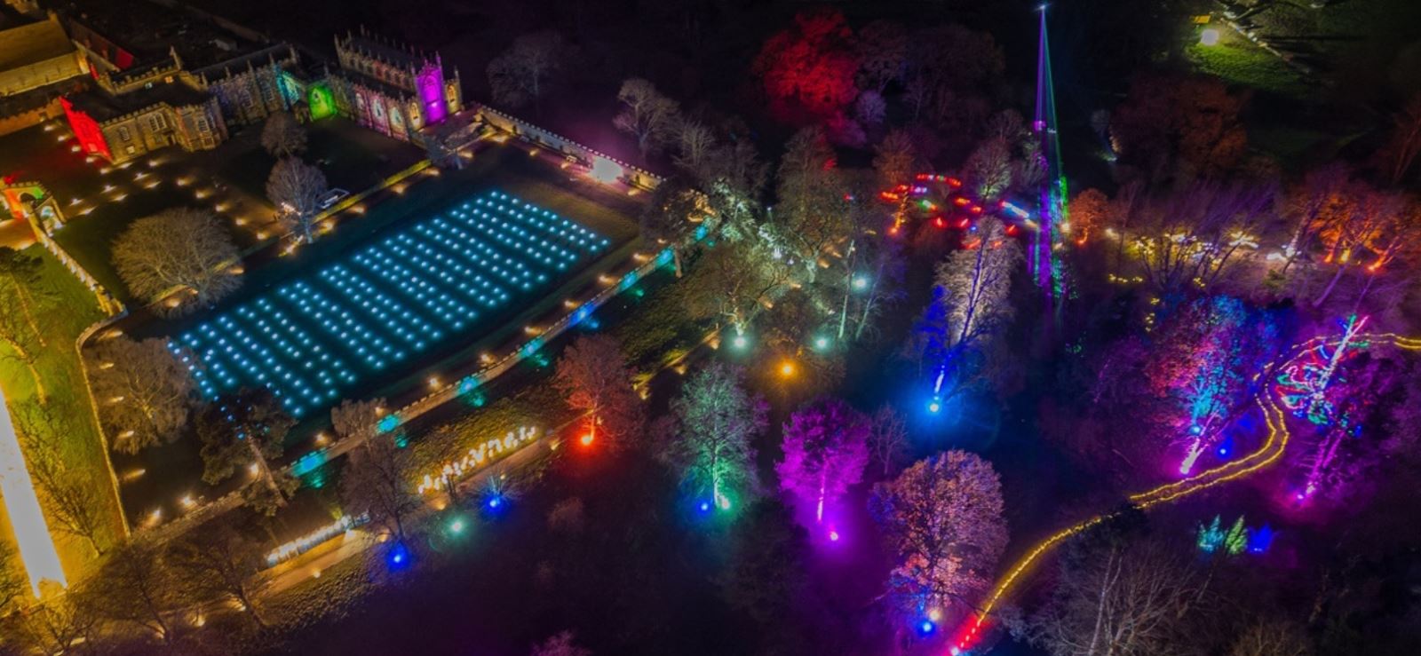 An aerial image of Aglow over Auckland Palace