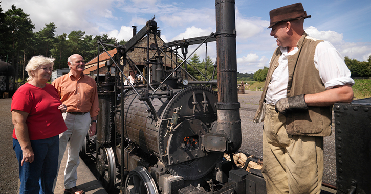 Guests interacting with costumed staff at Beamish Museum, County Durham