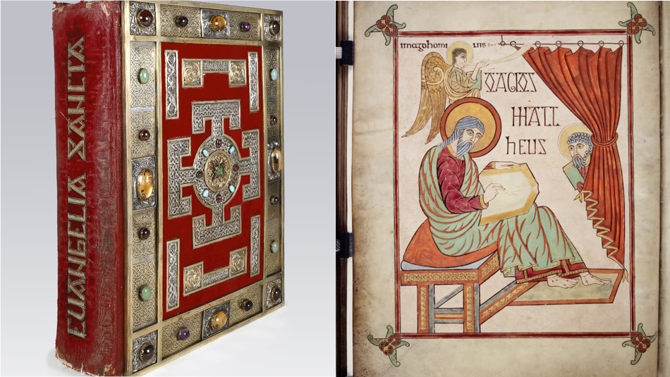 view of the cover and page from the Lindisfarne Gospels