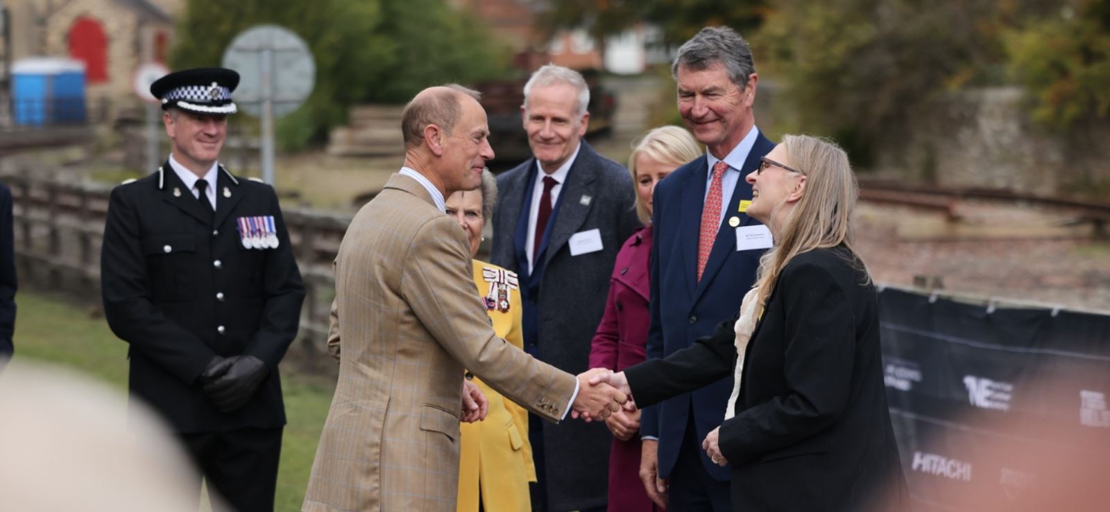 His Royal Highness The Duke of Edinburgh shaking hands with Sarah Price, Head of Locomotion, at Locomotion museum as part of S&DR200 celebrations, 26 September 2025. Photo: Dave Charnley. 