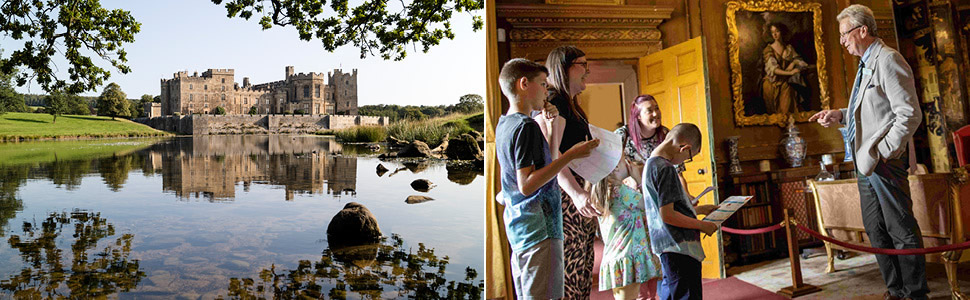An exterior image of Raby Castle and an interior image of people on a tour