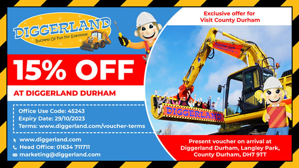 Diggerland Offer 15% off Diggerland Durham. Present voucher on arrival