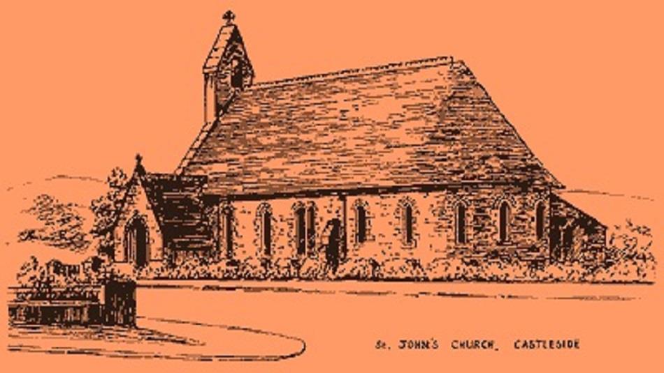 Castleside logo in orange. Image of church