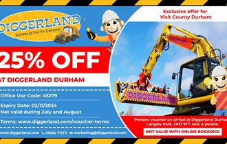 25% off voucher for Diggerland Durham with photo of one  of their digger rides