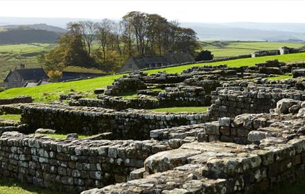 Image of Housesteads Roman Fort and rolling hills in the background. English Heritage.