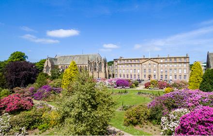 Ushaw and grounds on a bright, clear day, surrounded by purple shrubs.